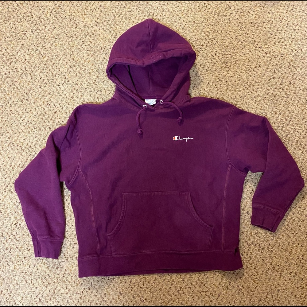 Champion Reverse Weave Pull over Hoodie Vintage Script Logo Purple